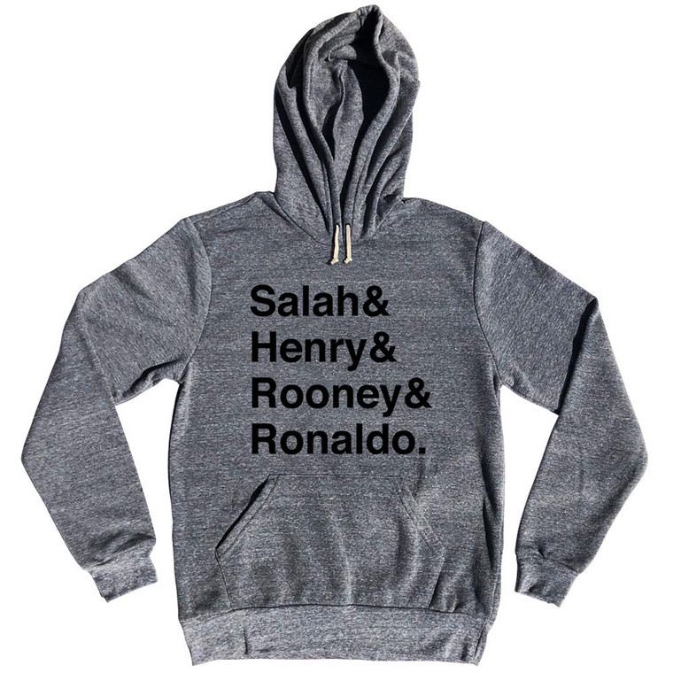 Salah, Henry, Rooney And Ronaldo English League Mount Rushmore Soccer Legends (Black Text) Cotton-Poly Blend Hoodie - Athletic Grey