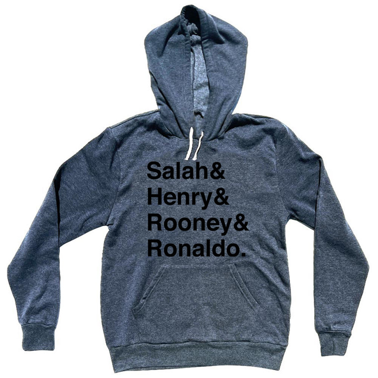 Salah, Henry, Rooney And Ronaldo English League Mount Rushmore Soccer Legends (Black Text) Cotton-Poly Blend Hoodie - Dark Blue