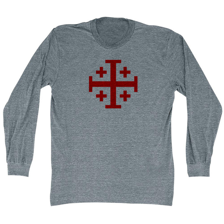 Jerusalem Cross (Red Art) Adult Tri-Blend Long Sleeve T-shirt - Athletic Grey