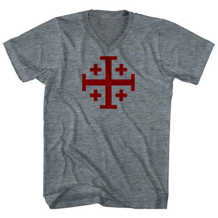 Jerusalem Cross (Red Art) Adult Tri-Blend V-neck T-shirt - Athletic Grey