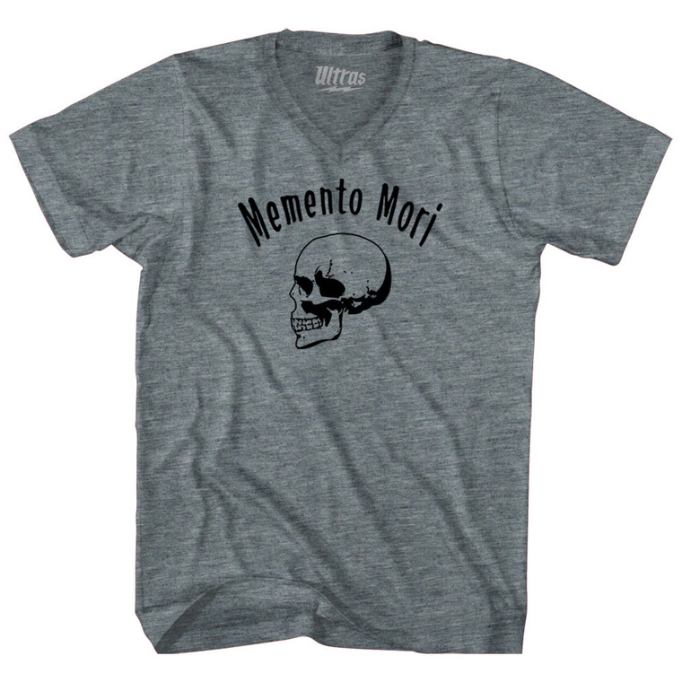 Memento Mori (Remember You Must Die) Skull Adult Tri-Blend V-neck T-shirt - Athletic Grey