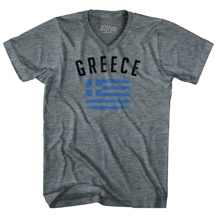 Greece Country Flag Heritage Tri-Blend V-neck Womens Junior Cut T-shirt - Athletic Grey