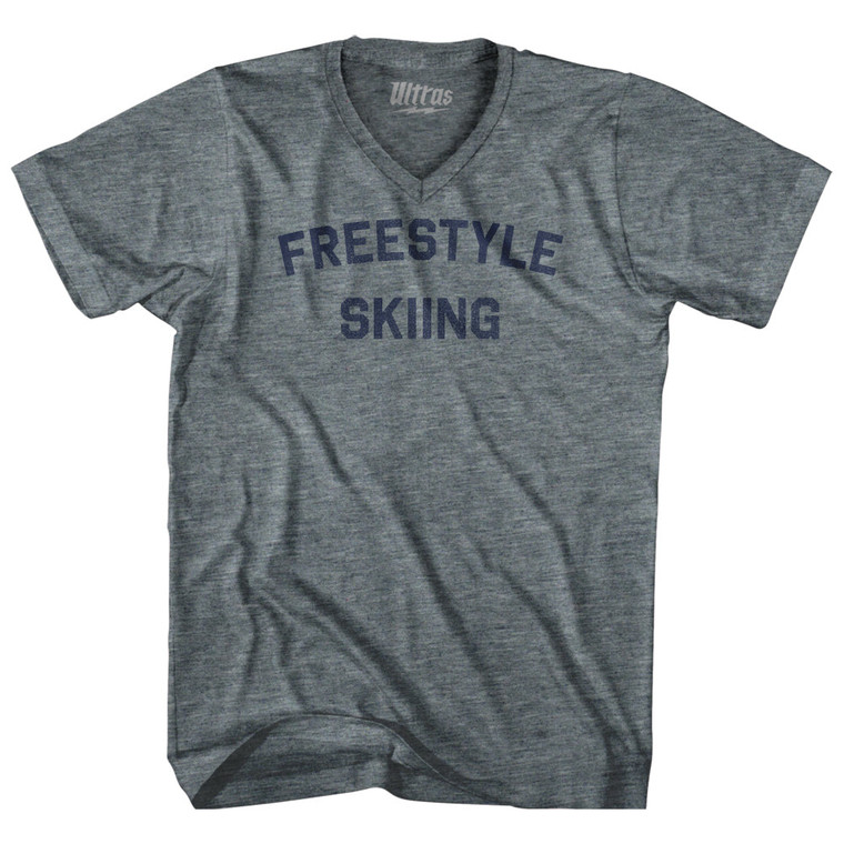 Freestyle Skiing  Tri-Blend V-neck Womens Junior Cut T-shirt - Athletic Grey