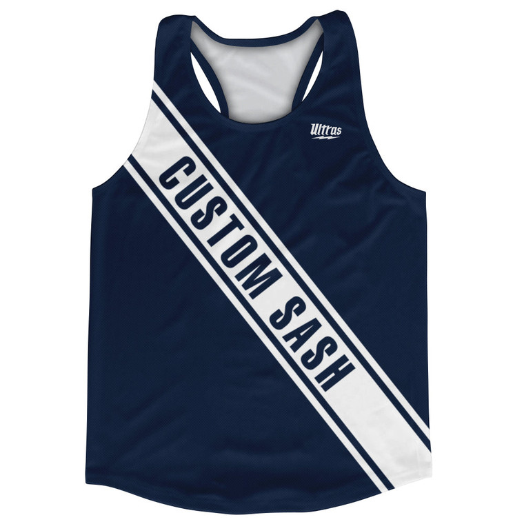 Custom Sash Left To Right Running Tank Tops Made In USA - Blue Navy And White