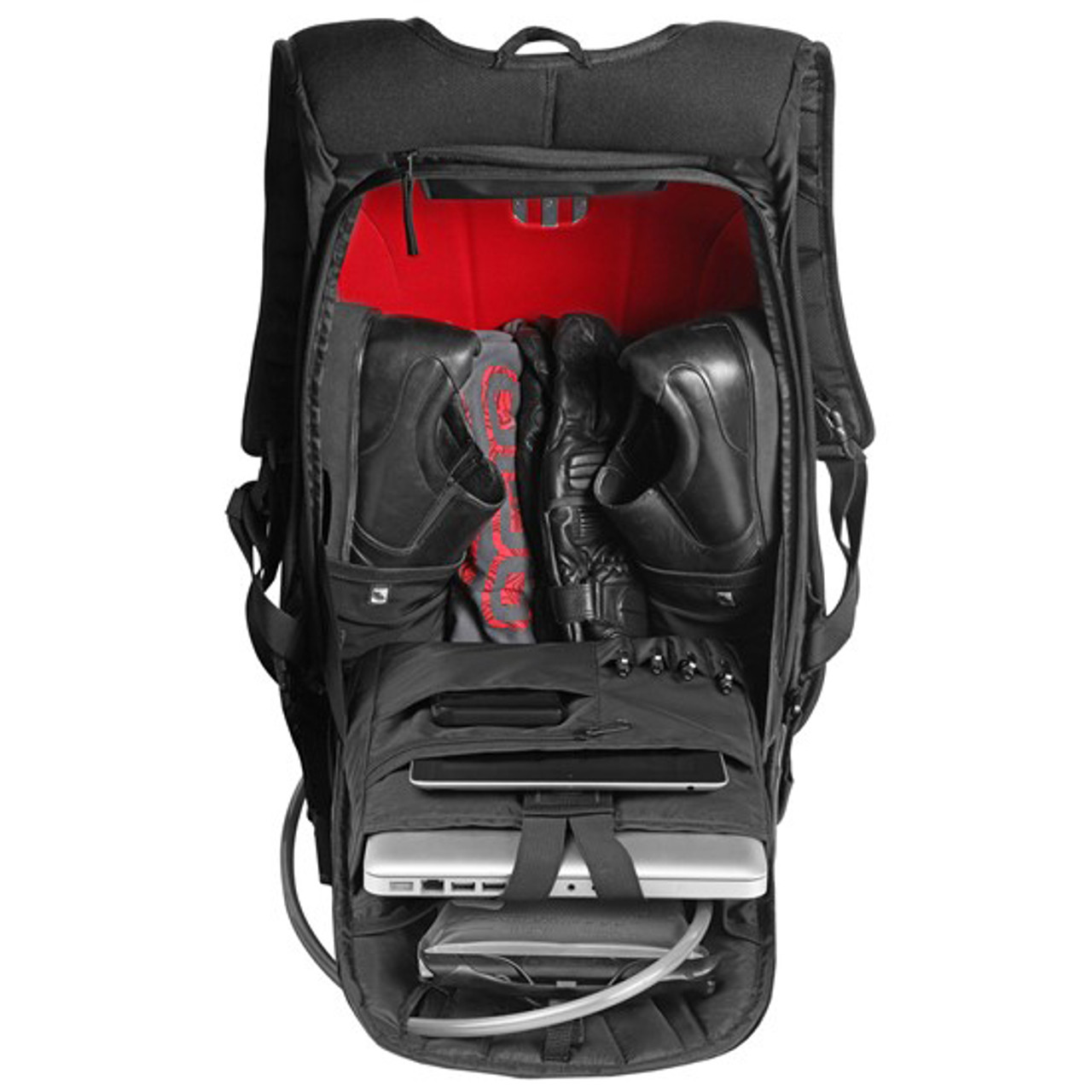 Ogio Mach 3 Motorcycle Backpack with No Drag Technology has a zippered fleece lined personal electronics/valuables pocket