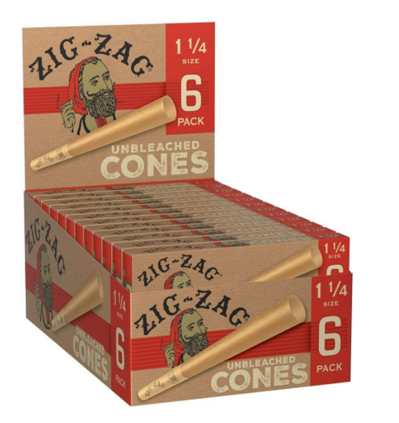 Zig Zag Unbleached Pre-Rolled Cones 1¼" Size - 24 Packs Per Box, 6 Cones Per Pack