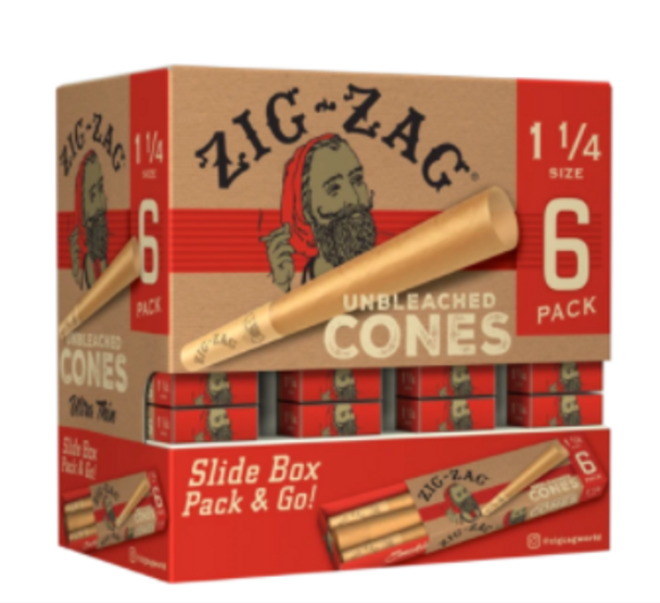 Zig Zag Unbleached Pre-Rolled Cones 1¼" Size - 36 Packs Per Box, 6 Cones Per Pack