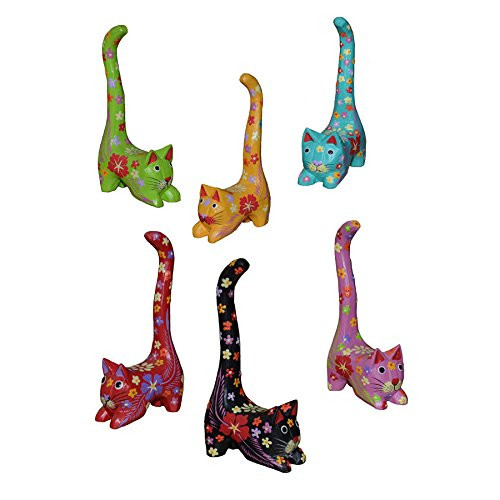 Set Of Six Wooden Long Tailed Cats
