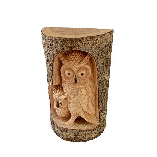 Hand Carved Owls Mother & Baby in a Log