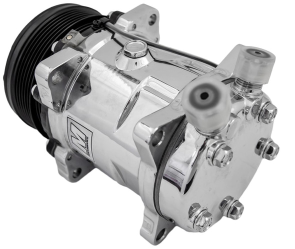 Ultra Series Sanden 508 Air Conditioning Compressor Polished Finish with 6 Groove Clutch, Back Ultra Series Sanden 508 Air Conditioning Compressor Polished Finish with 6 Groove Clutch, Back