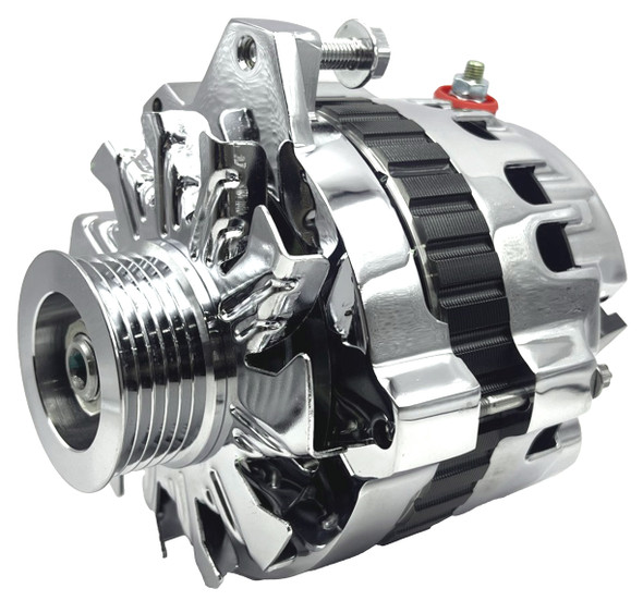 Ultra Series GM CS130 Alternator, 140 Amp 1 Wire Chrome Finish, Left offset Mount, Face Ultra Series GM CS130 Alternator, 140 Amp 1 Wire Chrome Finish, Left offset Mount, Face