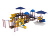 Glenpool Play Structure Back View with Brick Red Posts, Cobalt Blue Rails, Sunglow Yellow and Pacific Blue Plastics with Blue Shades.