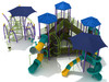 Sportsmen Inclusive Play Structure Side View with Purple Posts, Lime Green Rails, Teal/Sunglow Yellow Plastics, Pacific Blue Roofs, and Aquatic Blue Shades