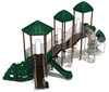 Ochelata Play Structure Front View with Brown Posts, Sand Dollar Rails, Hunter Green Slides/Climbers/Roofs