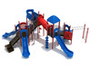 Chagrin Falls Spark Playground - Custom Colors (Primary Red Panels; Pacific Blue Slides/Roof; Brick Red Posts; Silver Rails)