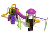 Fairhope Spark Structure in Custom Colors: Posts/Clamps- Lime Green; Rails- Purple; Roofs- Purple; Slides- Sunglow Yellow; Plastic Climbers- Purple; Panels- Purple; Accessories- Sunglow Yellow