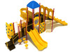 Woodstock Spark Playground custom colors - Sunglow Yellow Slides/Panels; Pacific Blue Roofs; Brick Red Posts; Sunglow Yellow/Pacific Blue Climbers