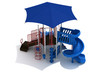 Broussard Spark Playground custom colors - Pacific Blue Slide; Brick Red Rails; Pacific Blue Cimbers; Silver Posts