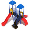 Dotyville Play Structure Front View with Cobalt Blue Posts, Cobalt Blue Rails, Pacific Blue Roofs, Sunglow Yellow Panels and Primary Red Slides and Climbers.