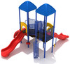Dotyville Play Structure Back View with Cobalt Blue Posts, Cobalt Blue Rails, Pacific Blue Roofs, Sunglow Yellow Panels and Primary Red Slides and Climbers.