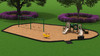 Play Package #112 Front View with Neutral Color Schemed Structure, Cobalt Blue Swings, Betsy Bee Spring Rider, Border Timbers, ADA Half Ramp and Border Bench