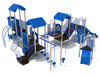 Coyle Play Structure Front View with Silver Posts, Cobalt Blue Rails, Pacific Blue Panels/Slides/Climbers and Roofs