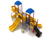 Choctaw Play Structure- Front View with Brick Red Posts, Cobalt Blue Rails, Sunglow Yellow Slides, Panels, and Climbers and Pacific Blue Roofs