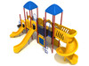 Choctaw Play Structure- Back View with Brick Red Posts, Cobalt Blue Rails, Sunglow Yellow Slides, Panels, and Climbers and Pacific Blue Roofs