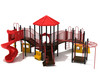 Fairland Play Structure Front View with Matte Black Posts, Brick Red Rails, and Primary Red and Sunglow Yellow Plastics