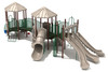 Perkins Play Structure Back View with Brown Posts, Rainforest Green Rails, Beige Slides/Climbers/Panels/Roofs