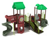 Inola Tree House Play Structure Front View with Brown Posts,  Lime Green Rails, Terra Cotta/Mossy Stone/ Gray Plastics, and Primary Green Roofs