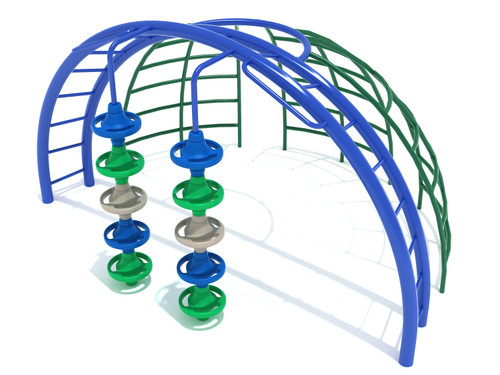 Front View of Delta Pod Climber Dome Station - Cobalt Blue Posts, Rainforest Green Rails, Pacific Blue, Primary Green & Tan Pods
