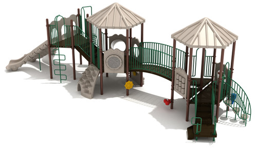 Perkins Play Structure Front View with Brown Posts, Rainforest Green Rails, Beige Slides/Climbers/Panels/Roofs