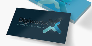 Image of a stack of business cards with a focus on a business that has Raised Spot UV on Soft Touch Laminated 16pt card stock where the logo has been high-lighted with Raised Spot UV. Image of a stack of business cards with a focus on a business that has Raised Spot UV on Soft Touch Laminated 16pt card stock where the logo has been high-lighted with Raised Spot UV.