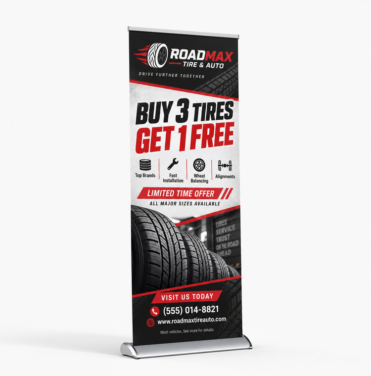 Deluxe retractable banner stand with custom RoadMax Tire & Auto buy 3 tires get 1 free promotional graphic