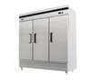 Atosa Freezer, reach-in, three-section, 81-9/10"W x 31-7/10"D x 83-1/10"H, bottom-mount self-contained refrigeration, 71.0 cu. ft., (3) locking hinged solid doors, digital temperature control, -8° to 0°F temperature range, (9) adjustable shelves, interior LED lighting, automatic evaporation, electric defrost, stainless steel interior & exterior, galvanized steel back, 4" casters, R290 Hydrocarbon refrigerant, 1 HP, 115/208-230v/60/1-ph, 5.5 amps, cord with NEMA L14-20P, cETLus, ETL-Sanitation