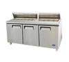Atosa Sandwich/Salad Mega Top Refrigerator, three-section, 72-7/10"W x 34"D x 46-3/5"H, includes (30) 1/6 stainless steel pans, rear-mounted, self-contained refrigeration, 21.1 cu. ft., (3) solid hinged self-closing doors, digital temperature control, 33° to 40°F temperature range, (3) adjustable shelves, 10" poly cutting board, ventilated refrigeration, automatic evaporation, air defrost, stainless steel interior & exterior, galvanized steel back, 5" casters, R290 Hydrocarbon refrigerant, 1/5 HP, 115v/60/1-ph, 2.8 amps, cord, NEMA 5-15P, cETLus, ETL-Sanitation