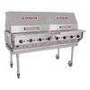 Magicater AGA Approved Transportable Gas Grill, liquid propane, 60", (8) burners, stainless steel radiants, (2) nickel-chrome plated top grates, 8" work deck, spark ignitor, individual control valves, (2) 30" roll-top hoods, (2) 40 pound tank in removable tank cart, pressure regulator, stainless steel construction, stainless steel legs with 6"casters (2 with locks), 160,000 BTU, CSA Flame, CSA Star, NSF