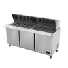 Mega Top Sandwich/Salad Prep Table, 72" wide, (3) solid doors, (3) adjustable epoxy coated shelves, includes (30) standard full set of 1/6 size pans (4" deep), insulated lid, 10" removable/reversible white poly cutting board, CFC polyurethane insulation, temperature from 33° to 41°, environmentally friendly R134A refrigerant, front breathing, self-contained refrigeration, magnetic door gasket, stainless steel interior & exterior, galvanized back panel, 4" swivel casters (2 with brakes), 1/3 HP, cETLus, ETL-Sanitation, Made in North America
