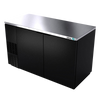 Back Bar Cooler, 59-1/2", two-section, (2) solid doors, (852) 12 oz can capacity, (4) adjustable coated wire shelves, analog thermostat, fluorescent interior light, CFC polyurethane insulation, temperature from 33° to 38°, environmentally friendly R134A refrigerant, front breathing/side mount compressor, self-contained refrigeration, magnetic door gasket, stainless steel top, black vinyl exterior, galvanized interior with stainless steel floor, 1/3 HP, cETLus, ETL-Sanitation, Made in North America