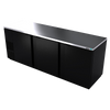 Back Bar Cooler, 95-1/2", three-section, (3) solid doors, (1,302) 12 oz can capacity, (6) adjustable coated wire shelves, analog thermostat, fluorescent interior light, CFC polyurethane insulation, temperature from 33° to 38°, environmentally friendly R134A refrigerant, front breathing/side mount compressor, self-contained refrigeration, magnetic door gasket, stainless steel top, black vinyl exterior, galvanized interior with stainless steel floor, 1/3 HP, cETLus, ETL-Sanitation, Made in North America
