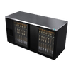 Back Bar Cooler, 69-1/2", two-section, (2) glass doors, (1,014) 12 oz can capacity, (4) adjustable coated wire shelves, analog thermostat, fluorescent interior light, CFC polyurethane insulation, temperature from 33° to 38°, environmentally friendly R134A refrigerant, front breathing/side mount compressor, self-contained refrigeration, magnetic door gasket, stainless steel top, black vinyl exterior, galvanized interior with stainless steel floor, 1/3 HP, cETLus, ETL-Sanitation, Made in North America