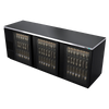 Back Bar Cooler, 95-1/2", three-section, (3) glass doors, (1,302) 12 oz can capacity, (6) adjustable coated wire shelves, analog thermostat, fluorescent interior light, CFC polyurethane insulation, temperature from 33° to 38°, environmentally friendly R134A refrigerant, front breathing/side mount compressor, self-contained refrigeration, magnetic door gasket, stainless steel top, black vinyl exterior, galvanized interior with stainless steel floor, 1/3 HP, cETLus, ETL-Sanitation, Made in North America
