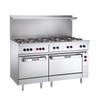 Restaurant Range, electric, 60", (10) 2.0 kW French hotplates, 9-1/2" solid cast iron, infinite controls, (1) standard & (1) oversized oven with (1) rack each, stainless steel front, sides, single-deck high shelf & 6" legs, 208v