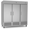 (738243) Reach-In Refrigerator, three-section, self-contained bottom mount refrigeration, 72 cubic feet capacity, (3) stainless steel reversible doors with locks, +33/+41°F temperature range, LED light, (9) vinyl coated steel shelves, 304 stainless steel interior, galvanized & stainless steel exterior, heavy duty casters, R290 Hydrocarbon refrigerant, 3/4 HP, 115v/60/1-ph, 0.8kW, 7.5 amps, NEMA 5-15P, cETLus, ETL-Sanitation