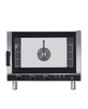 Eka Evolution 4-tray full-size (18x26) electric convection oven with humidity with electro-mechanical controls. Left-opening (right-hinged) door. Operates on 208v, Choose single-phase or three phase. Includes four 18" x 26" grids, electrical cord, components necessary to connect to water supply, and standard drain components.