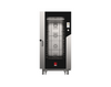 Eka Millennial 16-tray full-size (18x26) roll-in electric combi-oven with left-opening (right-hinged) door.  Includes roll-in trolley, sixteen 18" x 26" stainless-steel grids, multi-point core probe, components necessary to connect to water supply, and standard drain components.