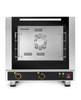 Eka 4-tray, half-size (13x18) convection oven with electro-mechanical control.  Stainless steel construction.  Operates on 120v (208v is available at EKFA412-S2).  Four 13" x 18" grids included.