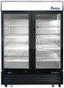 Refrigerator Merchandiser, two-section, 54-3/8"W x 31-1/2"D x 81-1/5"H, bottom-mounted self-contained refrigeration, 43.8 cu. ft., (2) self-closing hinged glass doors with locks, Dixell electronic controller, 33° to 38°F temperature range, (8) shelves, LED interior lighting, lighted header panel, stainless steel interior, black steel exterior, 2" casters, R290 Hydrocarbon refrigerant, 1/5 HP, 115v/60/1-ph, 3.2 amps, cord, NEMA 5-15P, cETLus, ETL-Sanitation, ENERGY STAR®