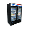 Refrigerator Merchandiser, two-section, 54-3/8"W x 31-1/2"D x 81-1/5"H, bottom-mounted self-contained refrigeration, 43.8 cu. ft., (2) self-closing hinged glass doors with locks, Dixell electronic controller, 33° to 38°F temperature range, (8) shelves, LED interior lighting, lighted header panel, stainless steel interior, black steel exterior, 2" casters, R290 Hydrocarbon refrigerant, 1/5 HP, 115v/60/1-ph, 3.2 amps, cord, NEMA 5-15P, cETLus, ETL-Sanitation, ENERGY STAR®